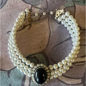 Classic Pearl Choker Necklace with Black Cabochon Center